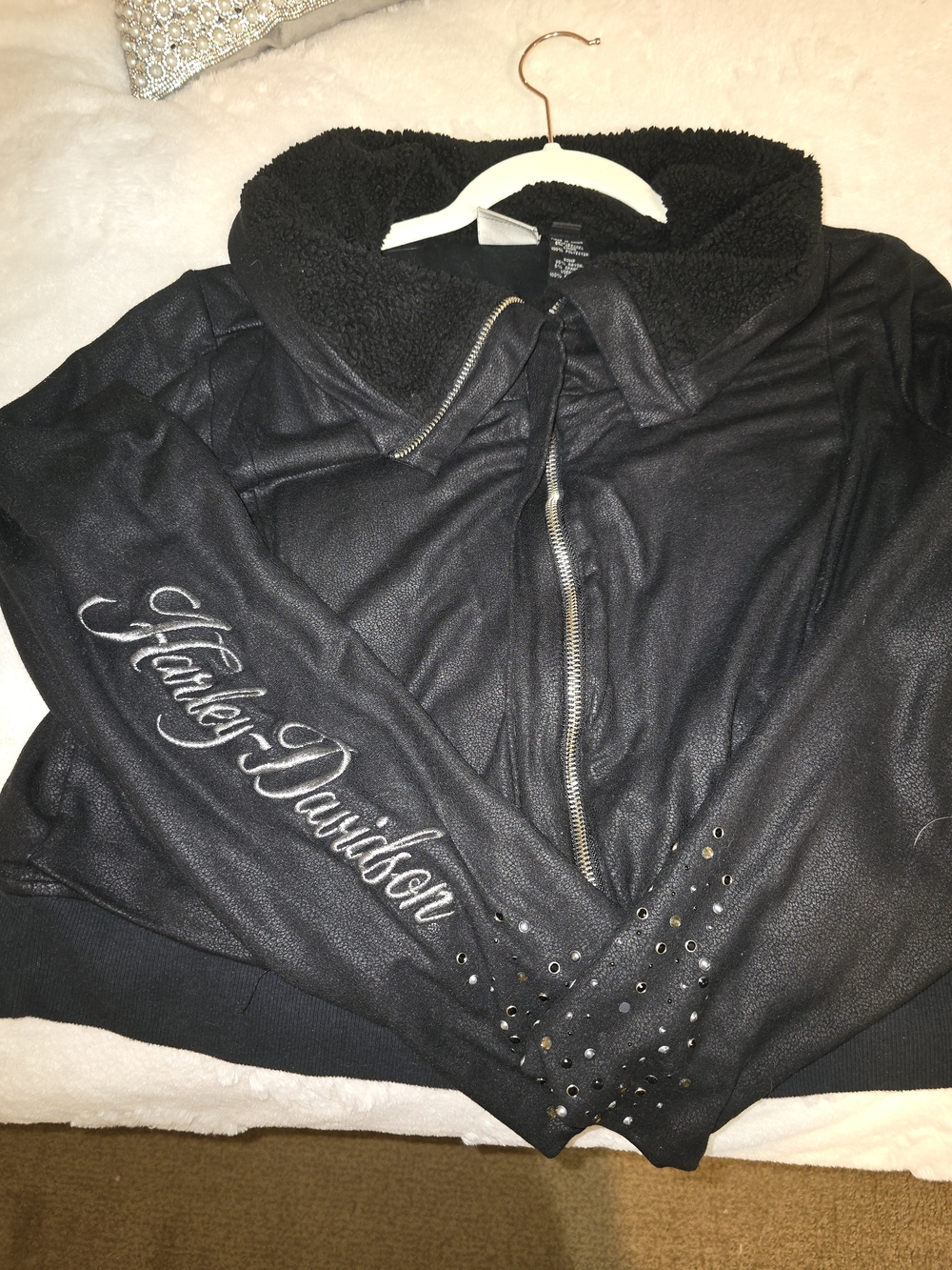 Harley-Davidson Black Faux Leather Jacket with Embroidered Sleeve